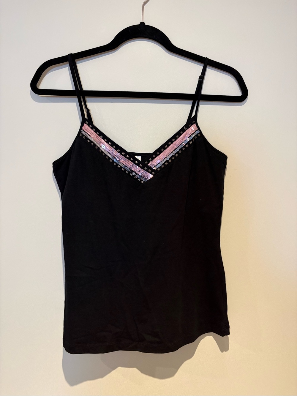 Y2K Black Spaghetti Strap Tank with Pink Sequin Trim